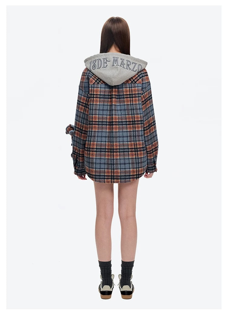 13DE MARZO Doozoo Checked Hooded Jacket Blue