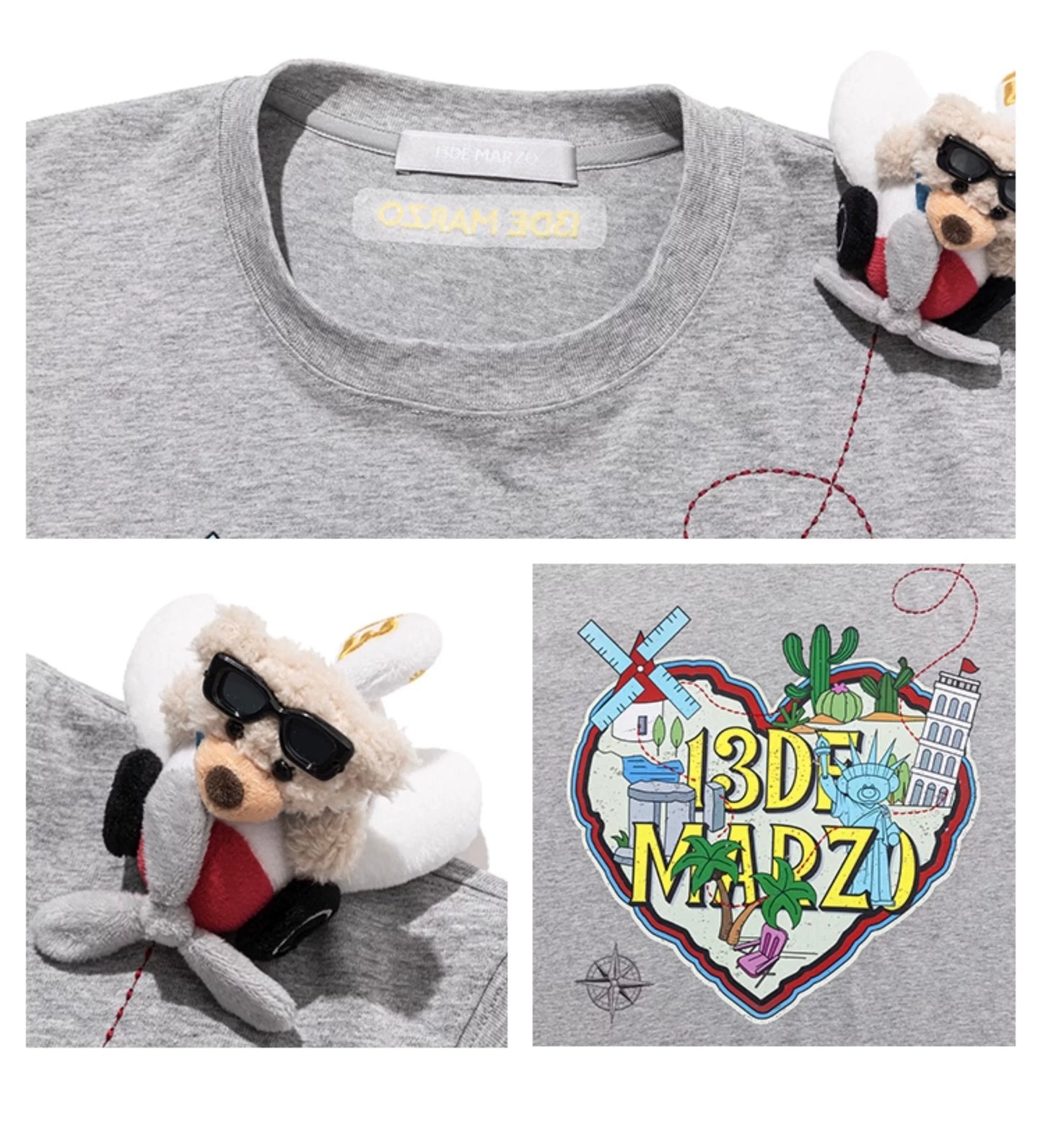 13DE MARZO Pilot Bear World Travel T-shirt Grey