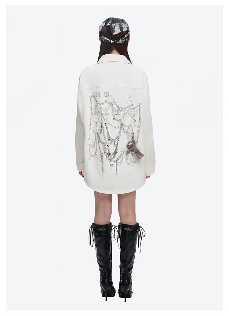 13DE MARZO Chains Illustrated Denim Shirt White