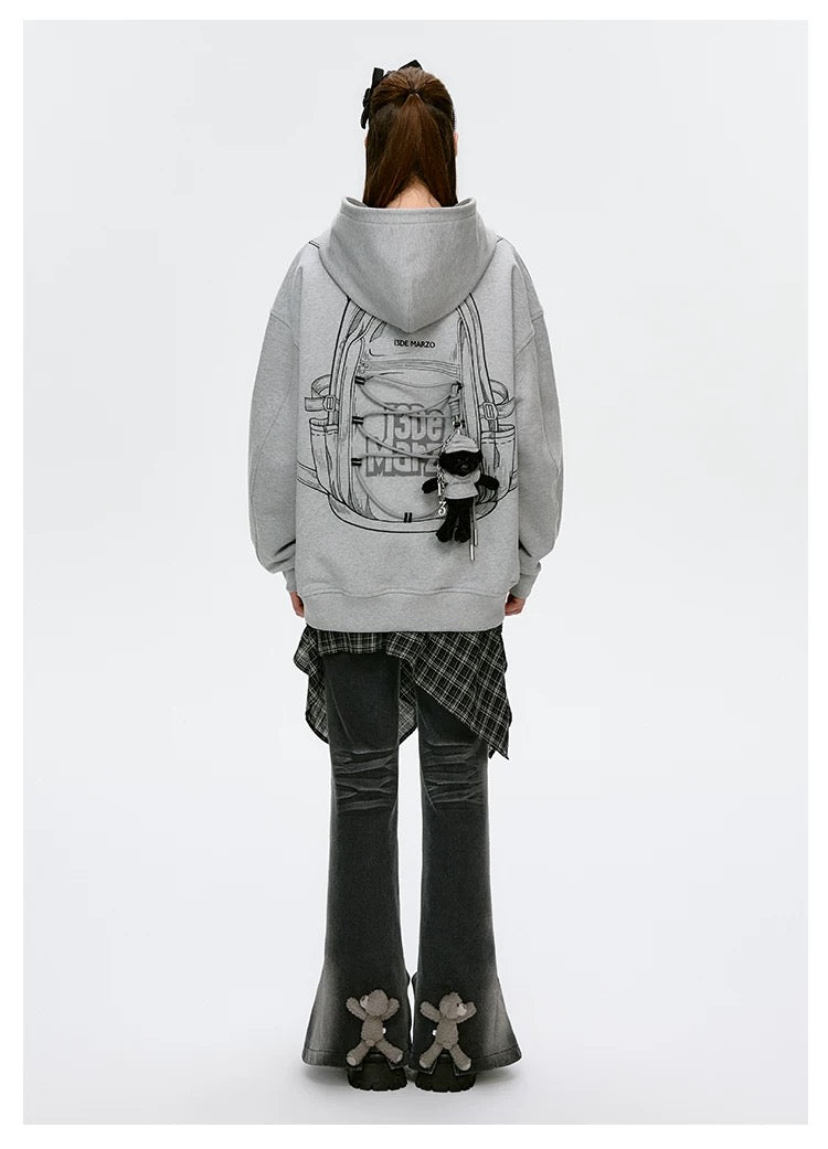 13DE MARZO Bear Backpack Print Hoodie Grey
