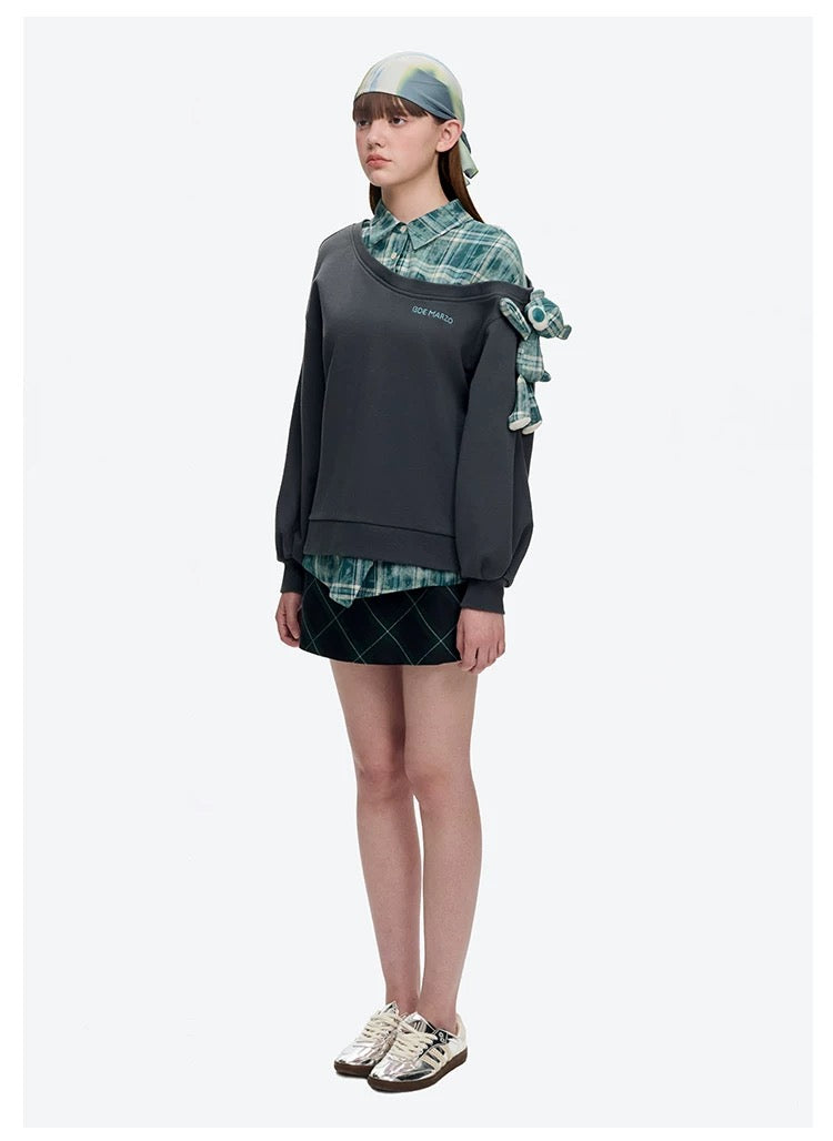 13DE MARZO Splicing Shirt Asymmetrical Shoulder Sweater Green