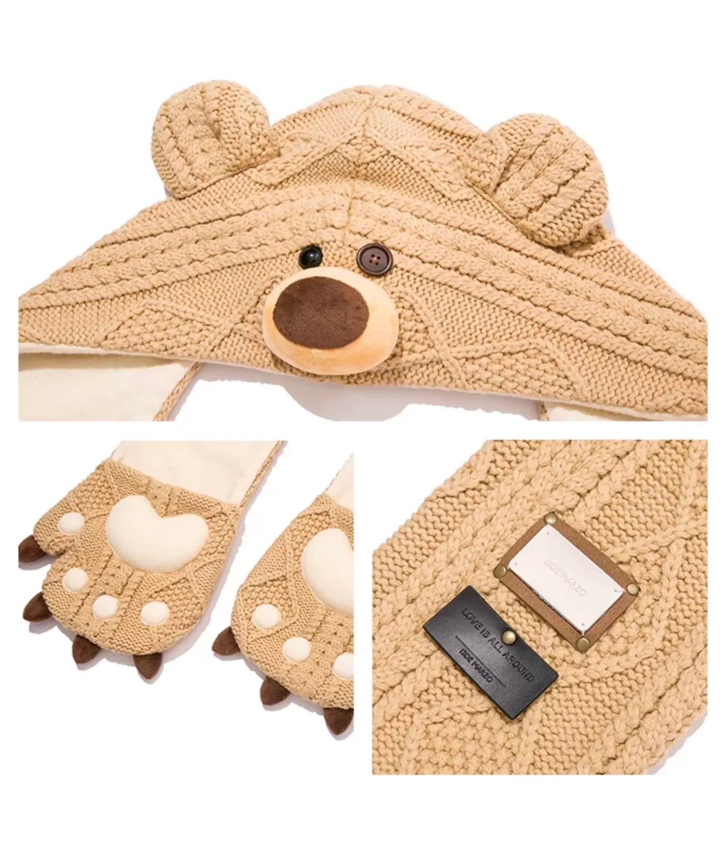 13DE MARZO Bear Head Scarf Khaki