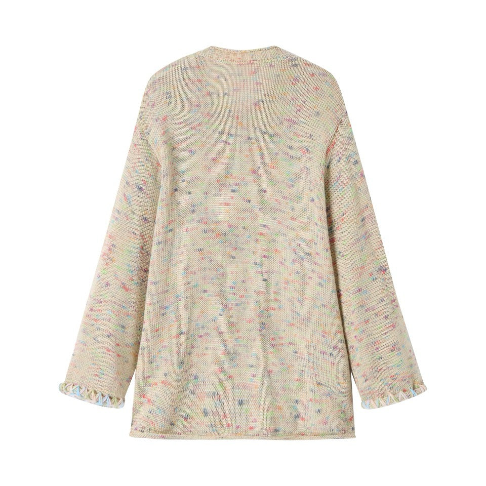 Andrea Martin Floral Yarn Crew Neck Wool Cardigan Khaki