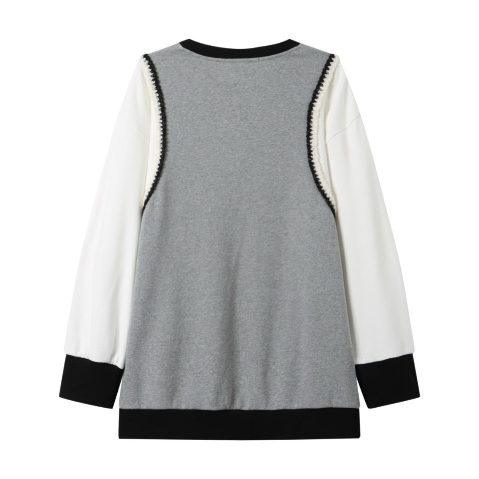 Andrea Martin Webbing Patchwork Rabbit Print Sweater Grey