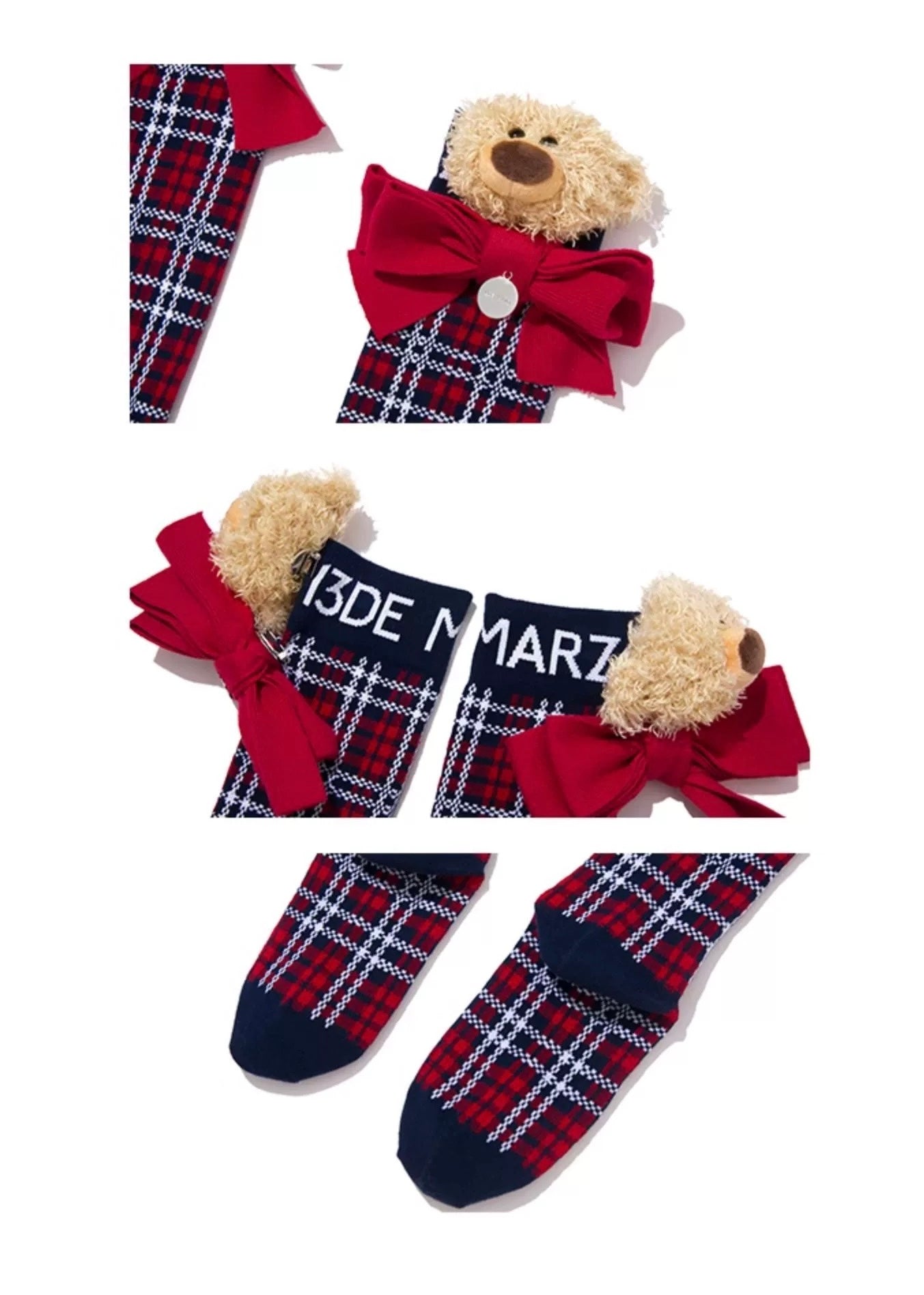 13DE MARZO Christmas Bow Plaid Socks Evening Blue