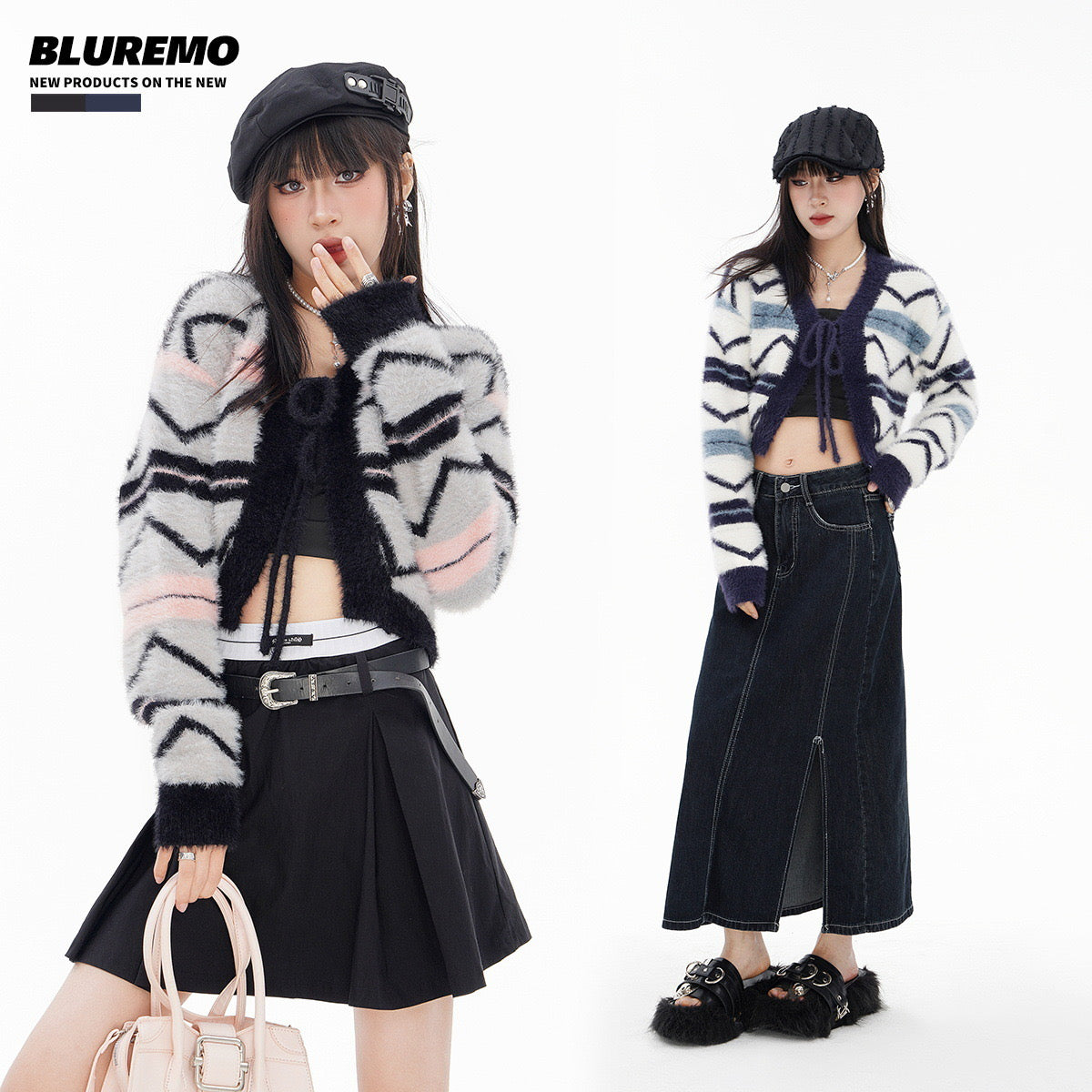 BLUREMO Fur Striped Crop Knit Cardigan