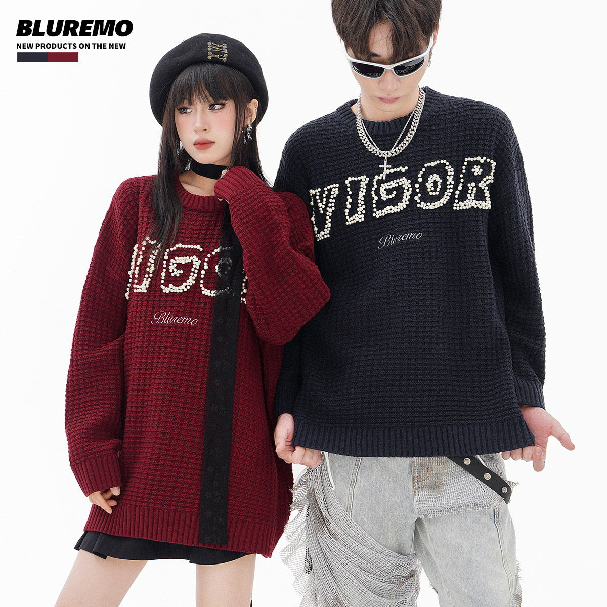 BLUREMO Waffle Check Pearl Embroidery Sweater