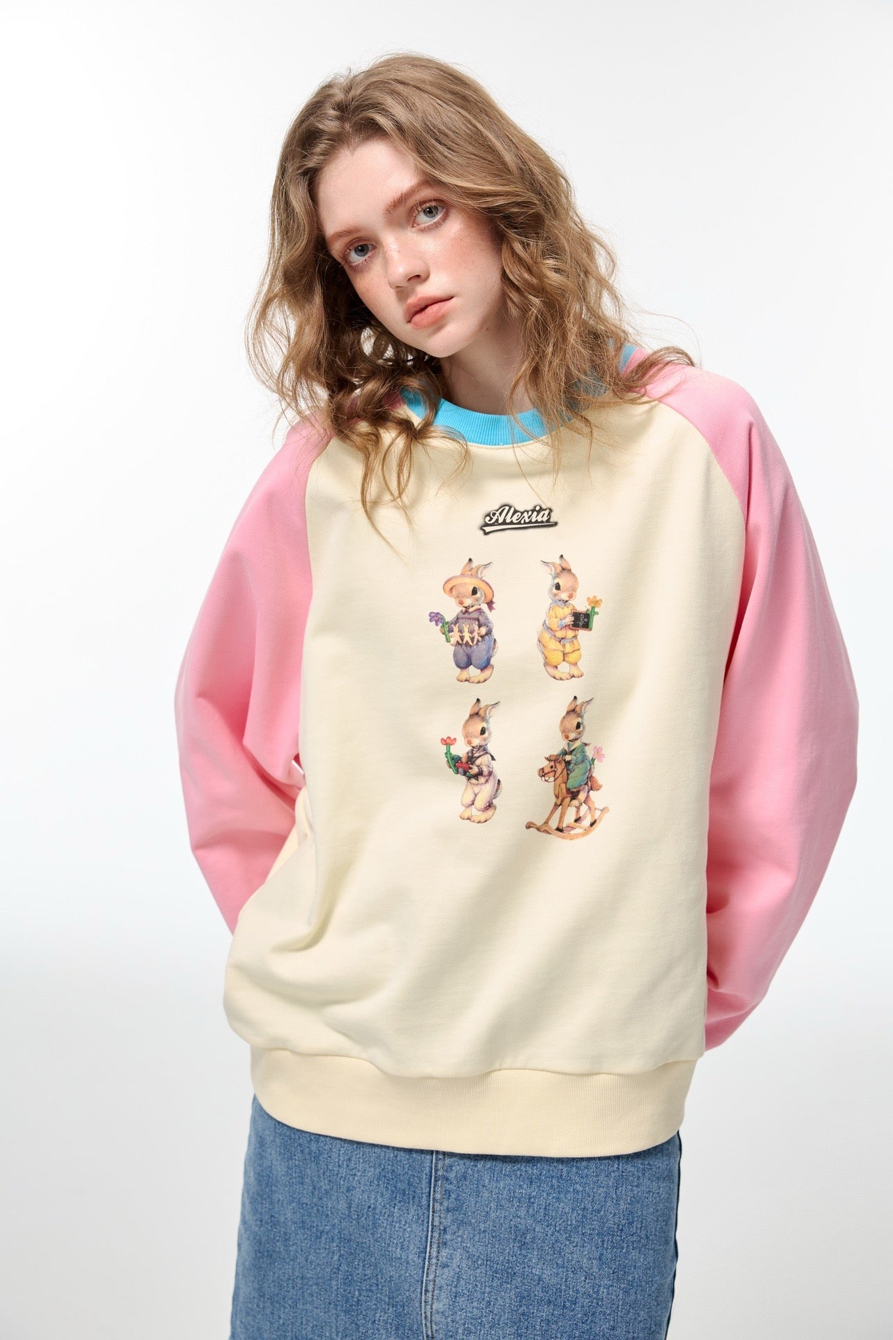 Alexia Sandra Four Bunnies Color Block Crew Neck Sweater Pink