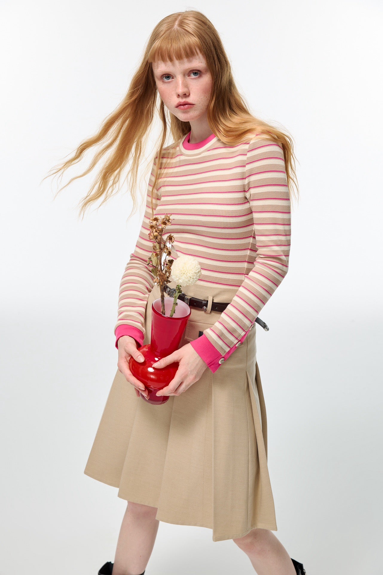 Alexia Sandra Stripe Round Neck Knit Top Beige/Pink