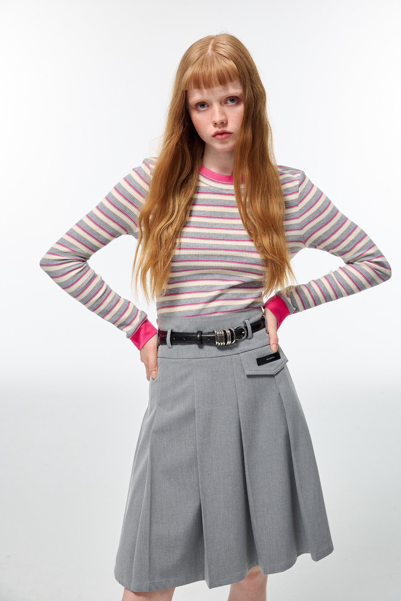 Alexia Sandra Stripe Round Neck Knit Top Grey/Pink