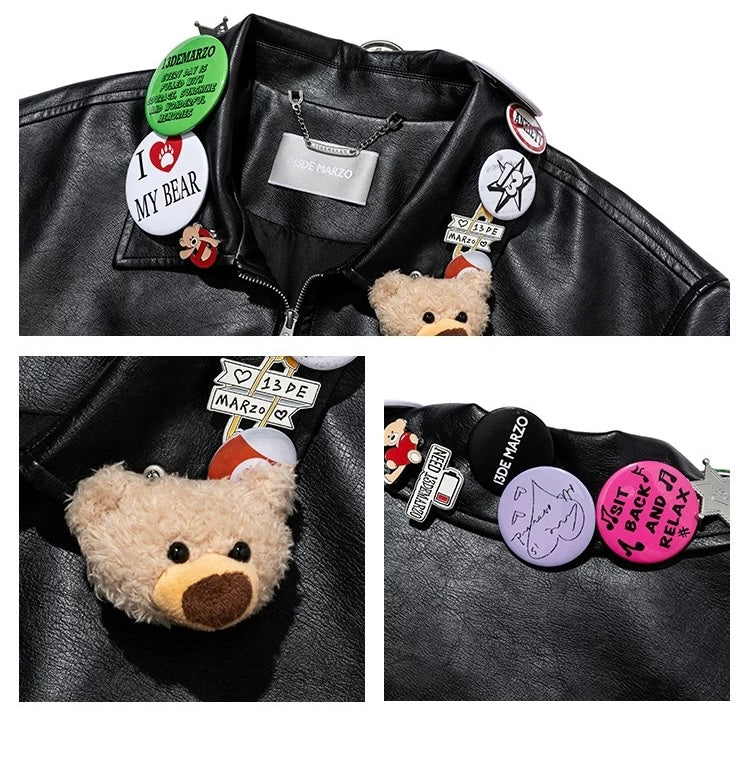 13DE MARZO Badge Leather Jacket Black