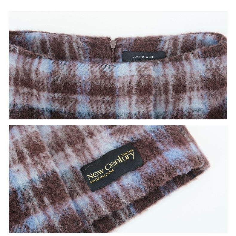 Concise-White Rowling Plaid Wool Skirt