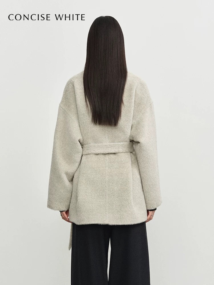 Concise-White Stand-Up Collar Tied Wool Coat Rain Drop