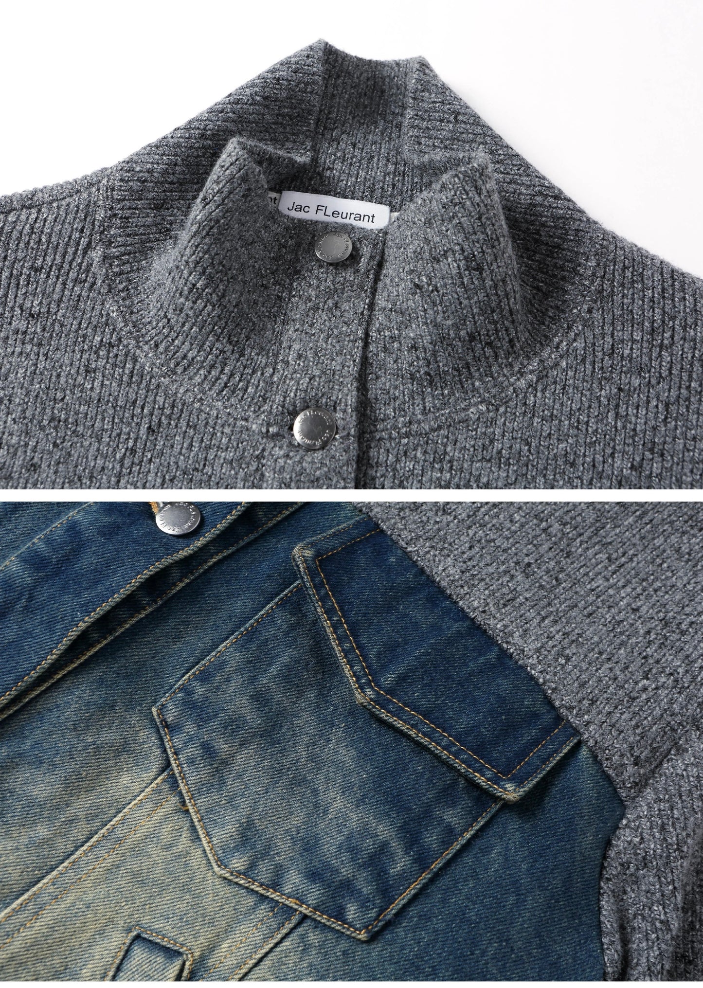 Jac Fleurant Denim Patchwork Knitted Stand-Collar Jacket
