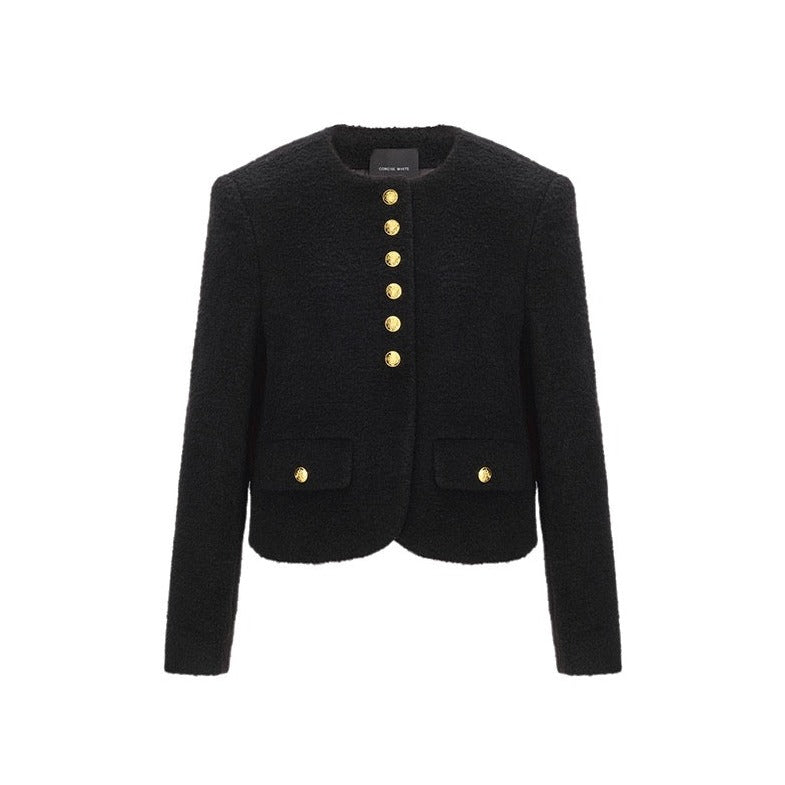 Concise-White Sofia Round Neck Gold Button Short Coat Black