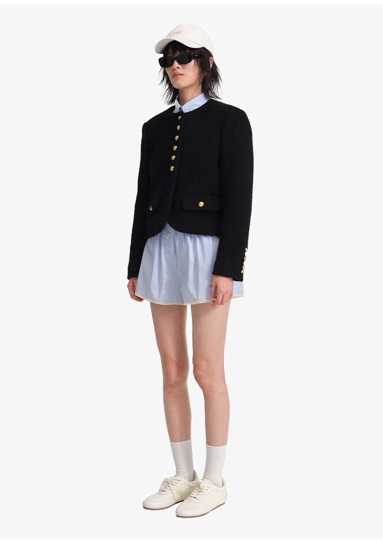 Concise-White Sofia Round Neck Gold Button Short Coat Black