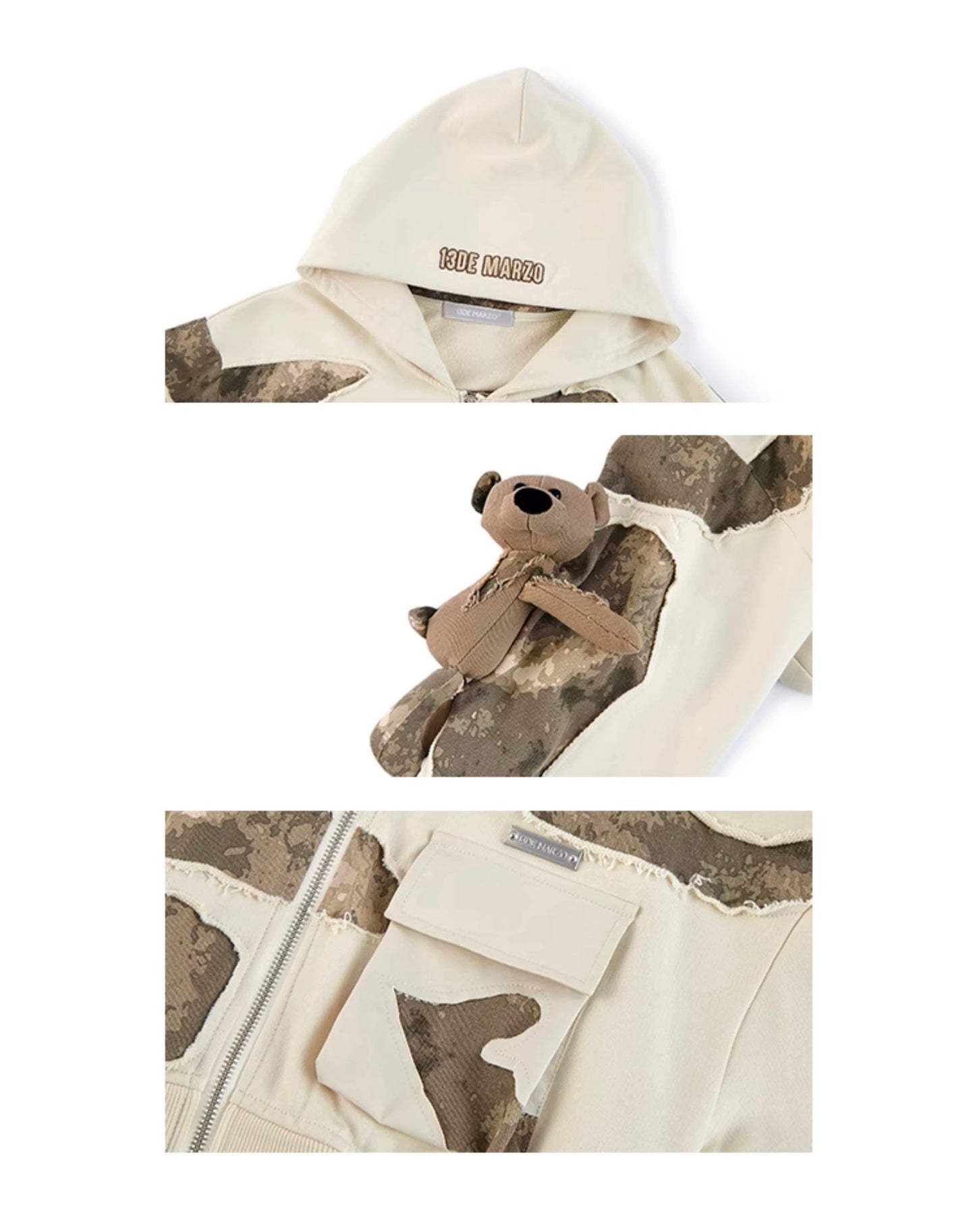 13DE MARZO Camo Denim Zip Hoodie Beige
