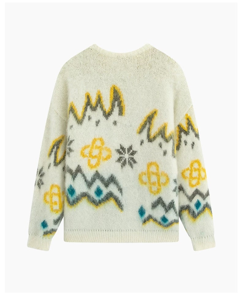 Charlie Luciano Geometric Pattern Crewneck Sweater Beige