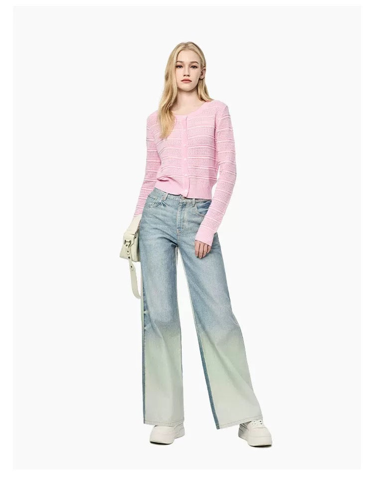 Ann Andelman Pink Striped Openwork Knit Top