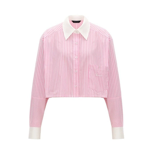 Concise-White Color Block Striped Short Shirt Pink