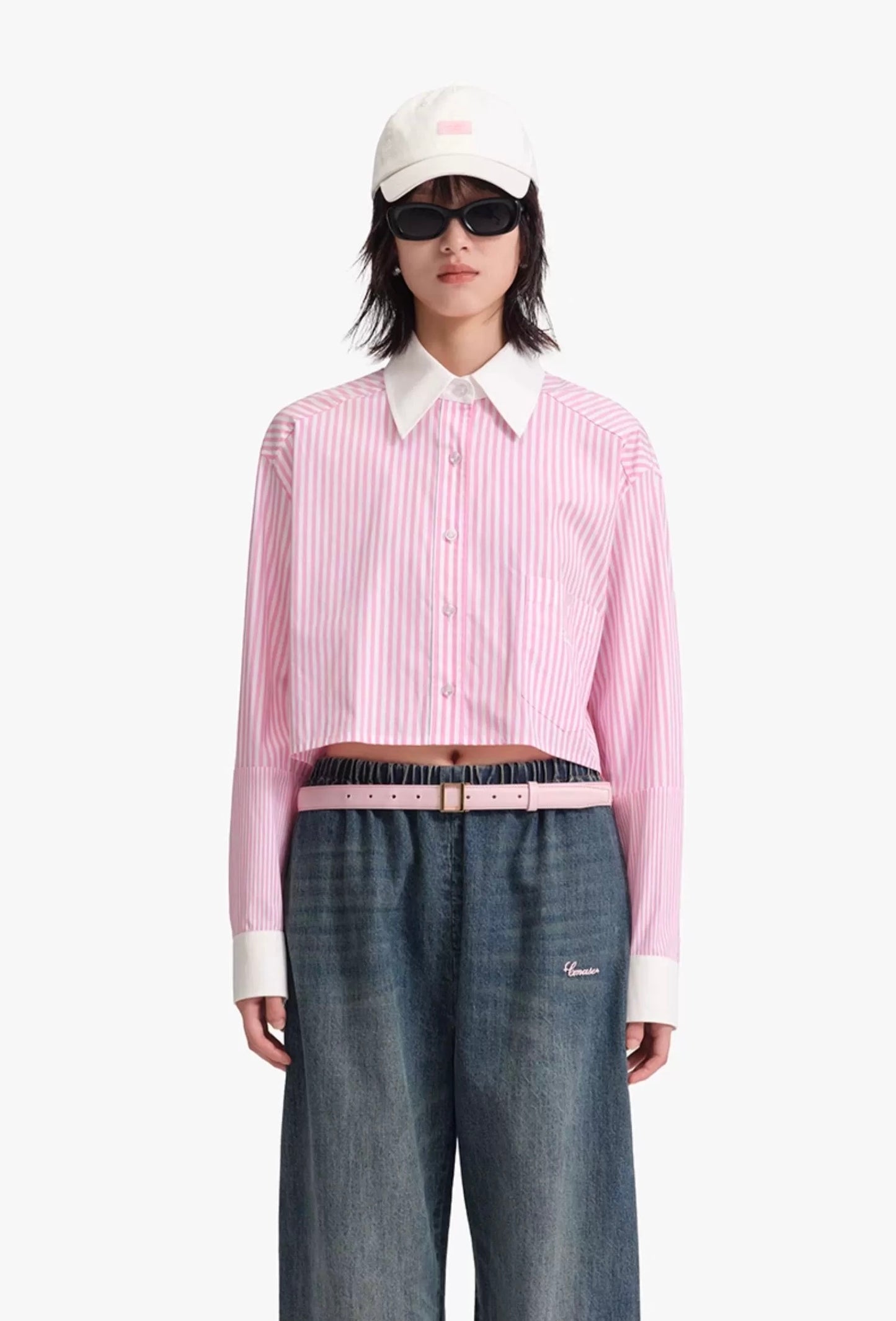 Concise-White Color Block Striped Short Shirt Pink