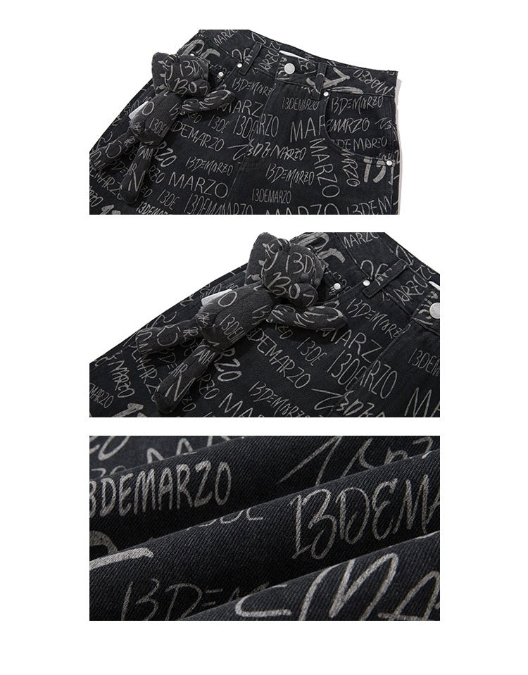 13DE MARZO Graffiti Logo Denim Jeans Black