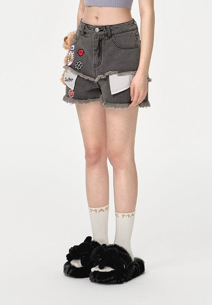 13DE MARZO Logo Patch Bear Denim Shorts Black