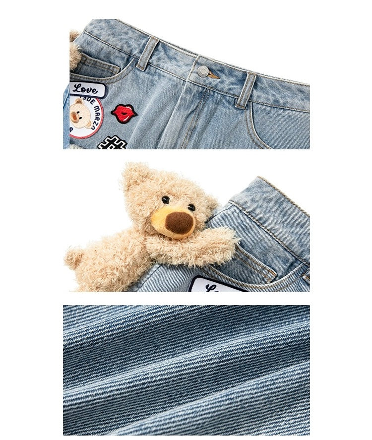 13DE MARZO Logo Patch Bear Denim Shorts Blue