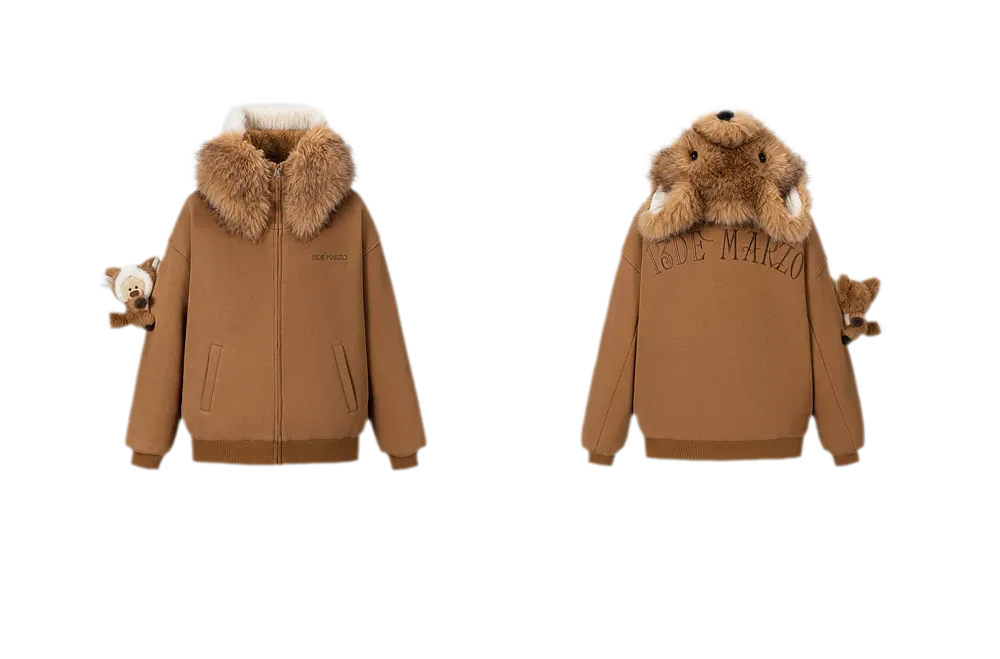 13DE MARZO Textured Fox-Ear Zip Hoodie Brown