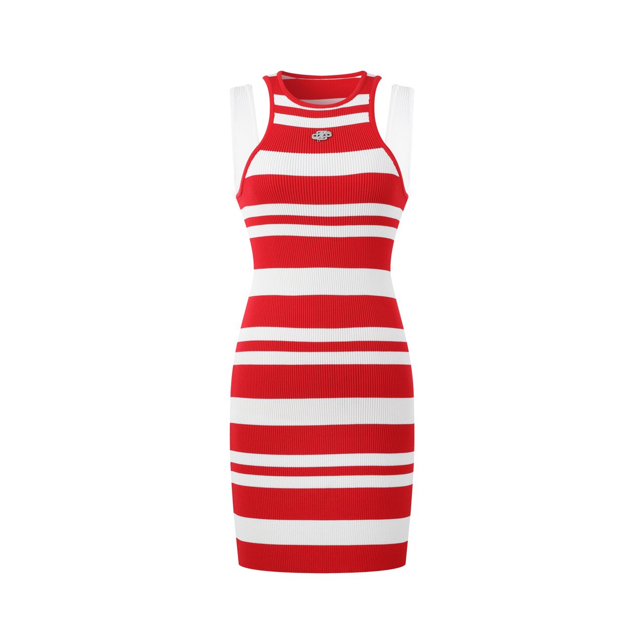 THREE QUARTERS Red and White Patchwork Sleeveless Striped Knit Dress Fixxshop THREE QUARTERS Red and White Patchwork Sleeveless Striped Knit Dress Fixxshop