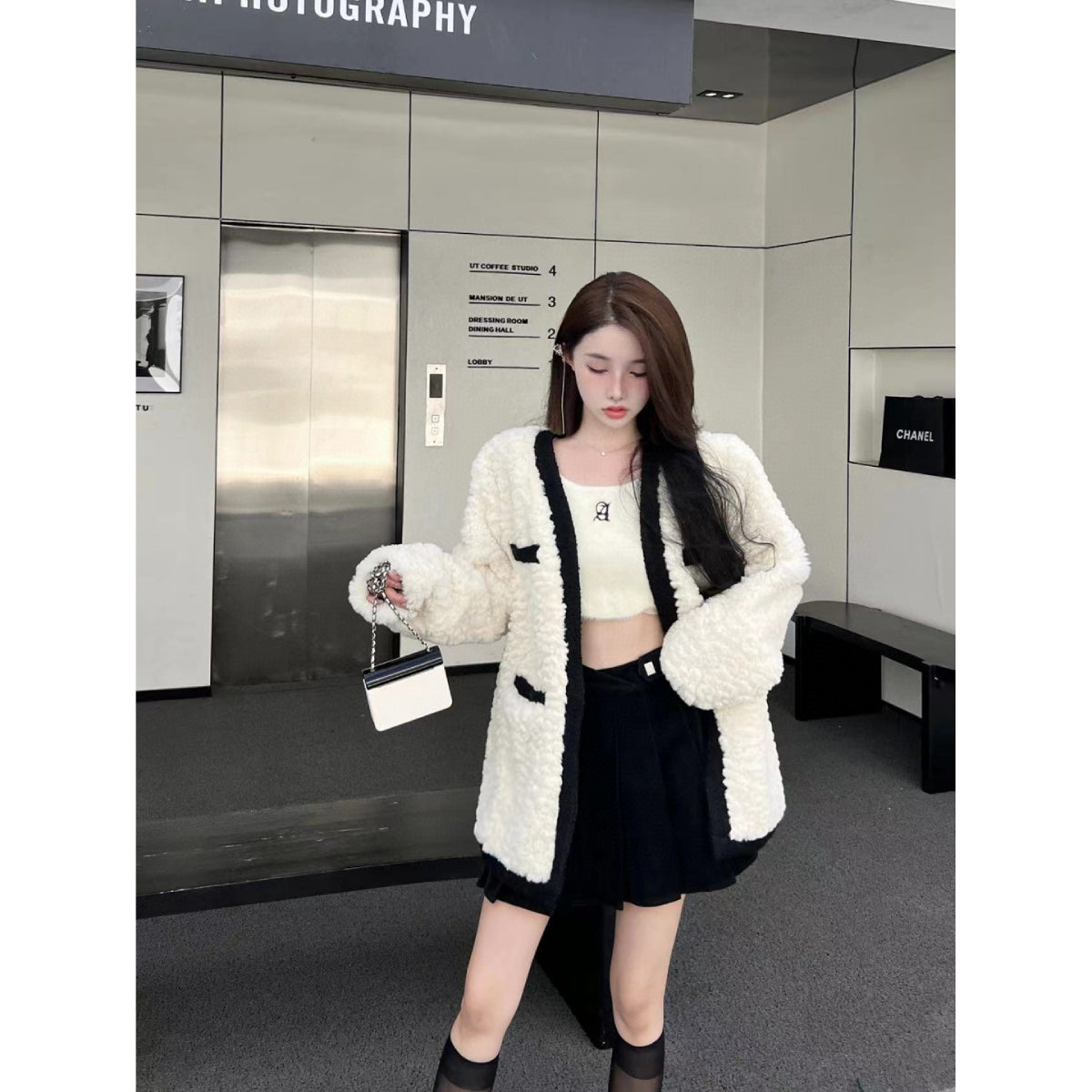 THREE QUARTERS Irregular Crystal Button Velvet Leather Skirt - Fixxshop