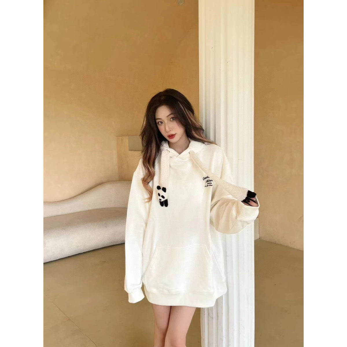 Charlie Luciano Panda Drawstring Hoodie White