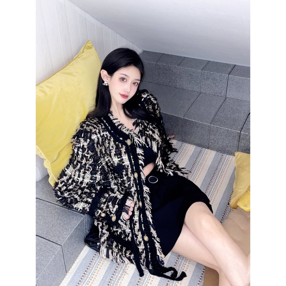 Charlie Luciano Tweed Tassel Jacket Black/Gold