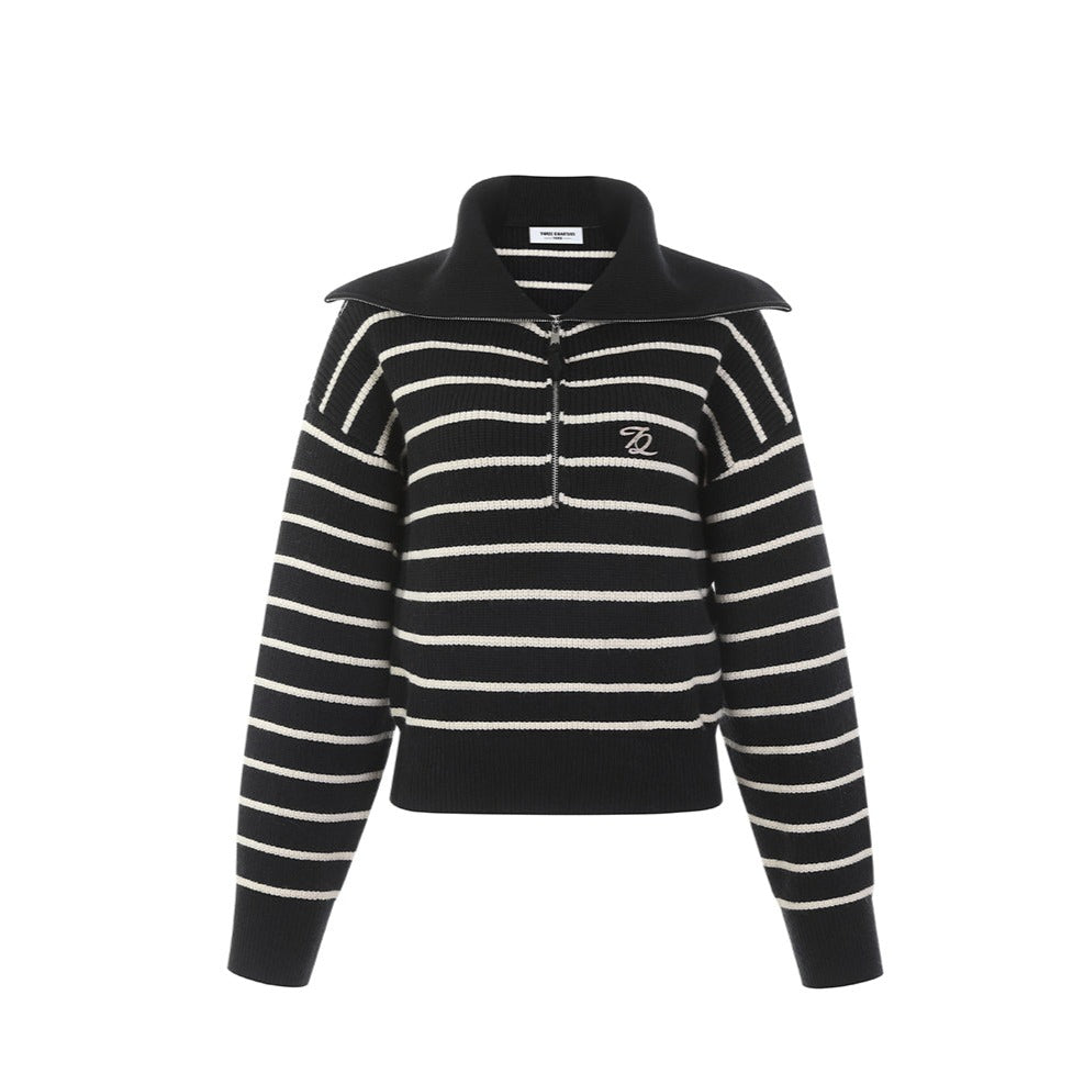 THREE QUARTERS Striped Sailor Collar Knit Sweater Black – Fixxshop