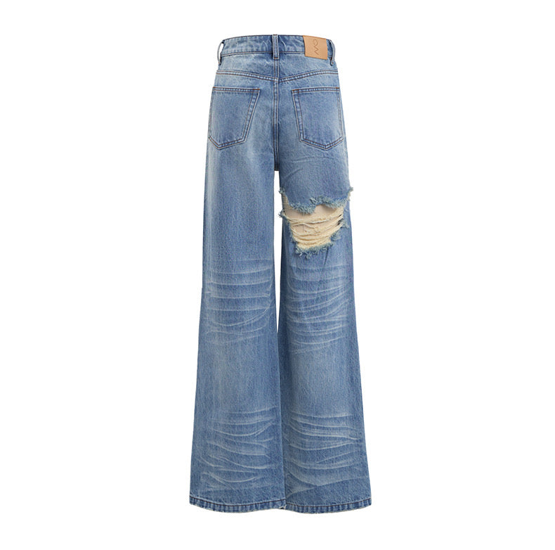 Concise-White Ripped Denim Flared Wide-Leg Jeans Light Blue