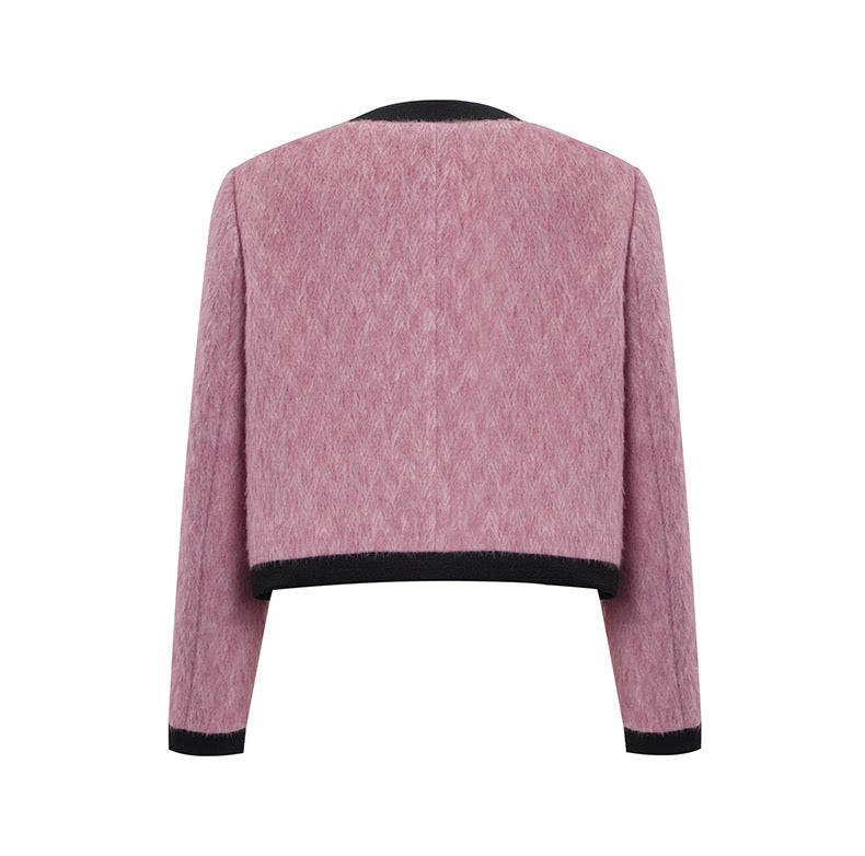 Concise-White Colourblock Wool Pocket Flap Short Coat Pink