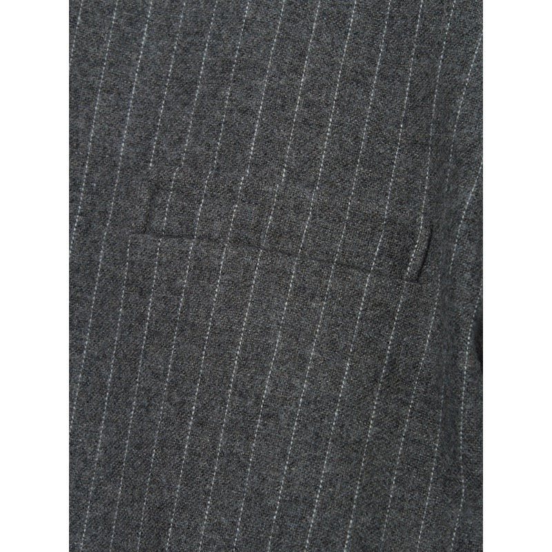 Calvin Luo Grey Vertical Striped Round Neck Suit - Fixxshop