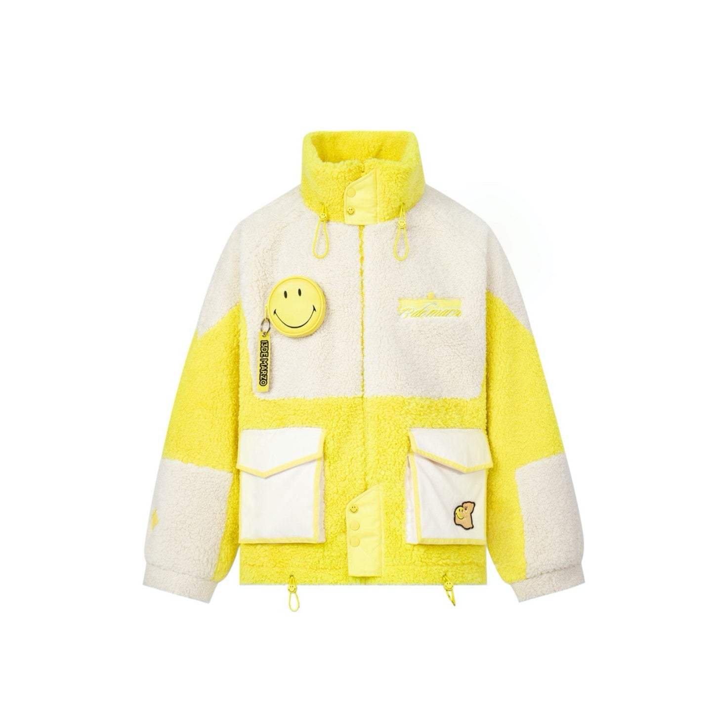 13DE MARZO x Smiley Multicolor Splicing Lamb Wool Coat Yellow | MADA IN CHINA