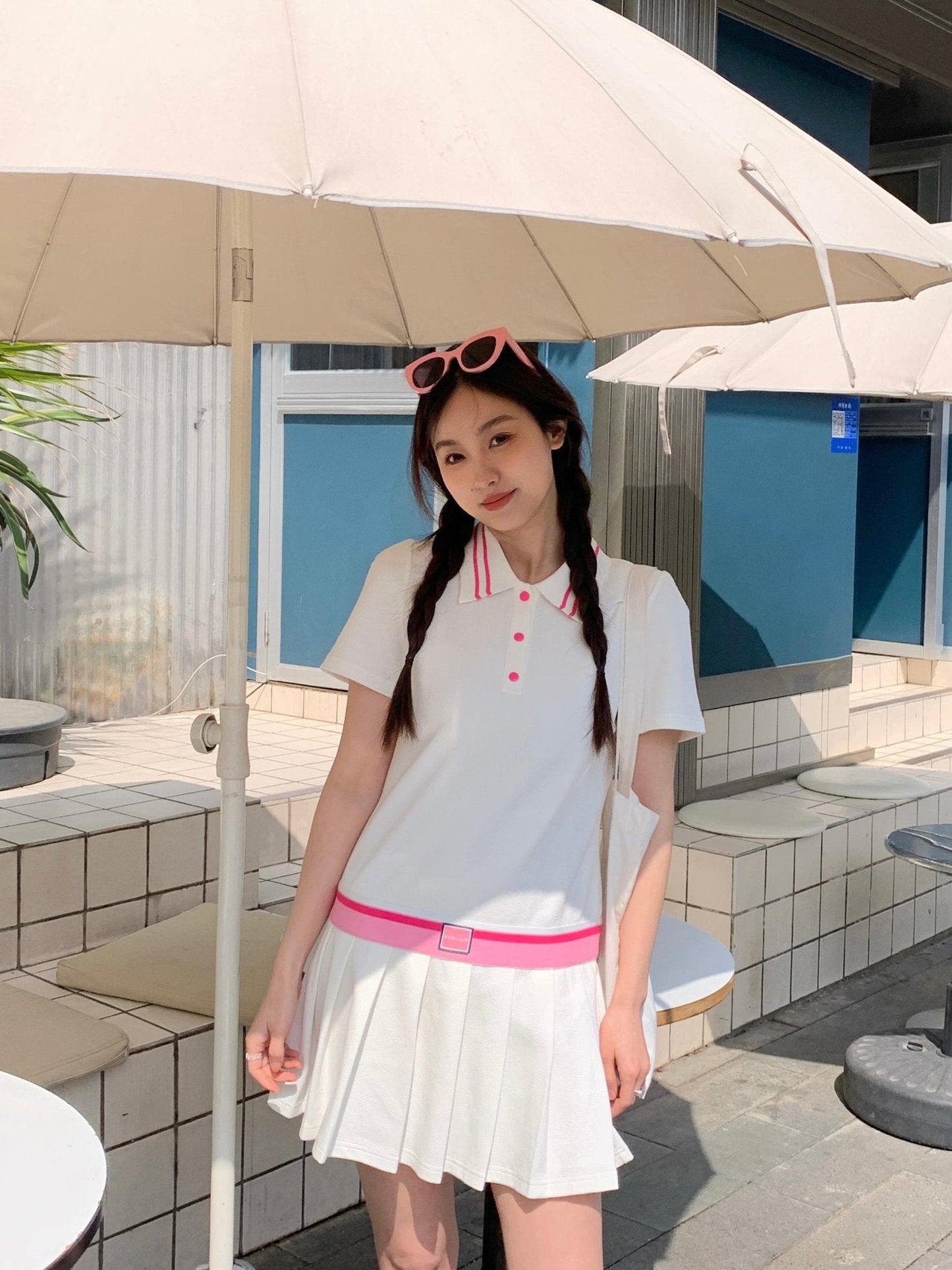 Herlian Pink And White Pleated Short Polo Dress