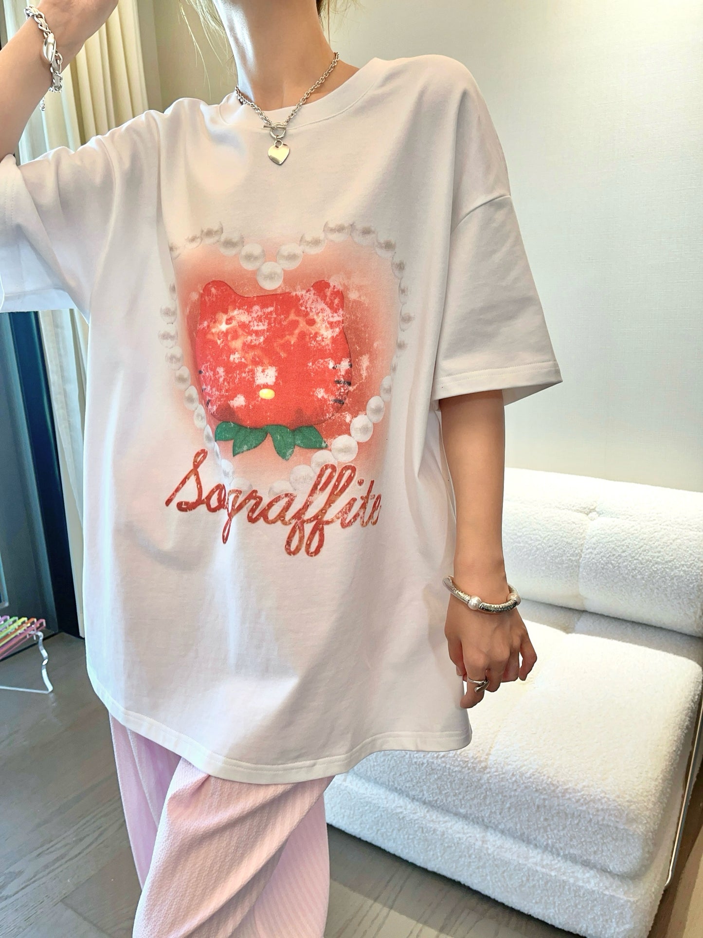 Sofitte Strawberry Pearl Printed Tee White