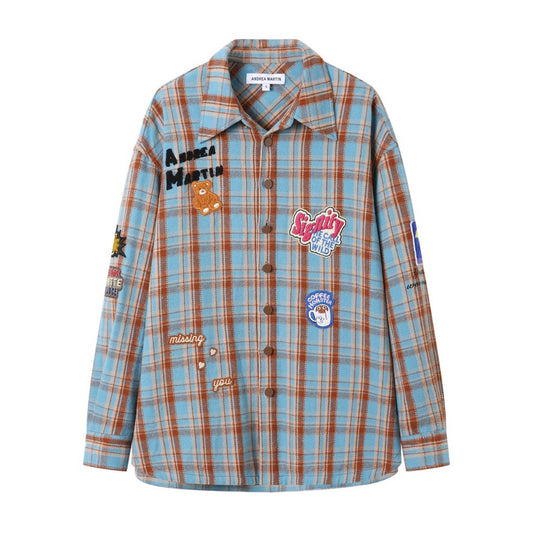 Andrea Martin Brown and Blue Plaid Bear Badge Embroidered Shirt