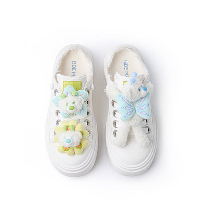 13DE MARZO Floral Butterfly Bear Backless Shoes White