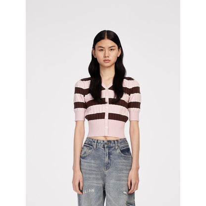 Herlian Striped Contrast Short Sleeve Knit Top Pink