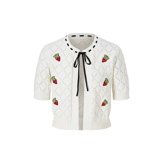 Herlian Strawberry Pattern Hollow Short Knitted Cardigan