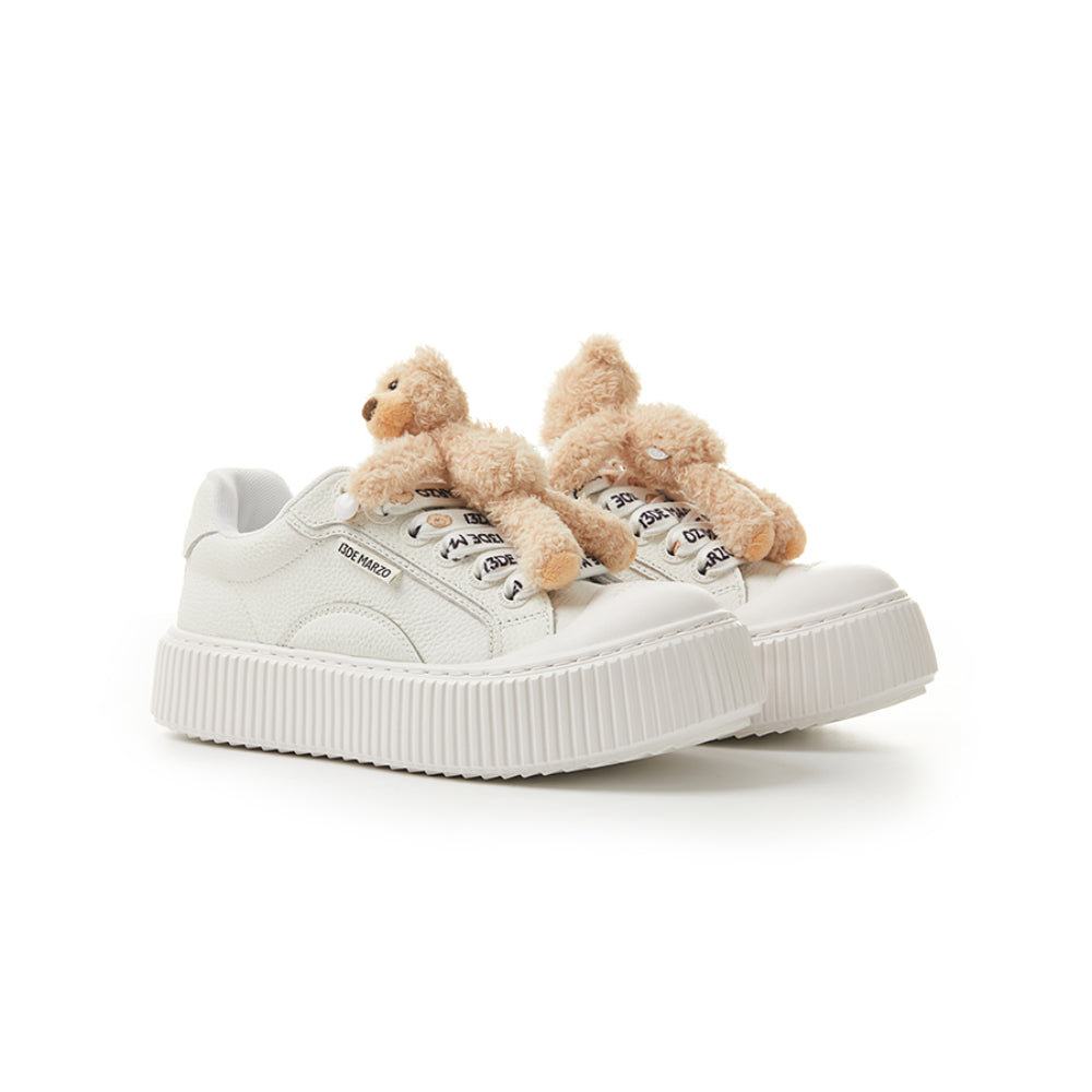 13DE MARZO Plush Bear Logo Lace Platform Sneaker White