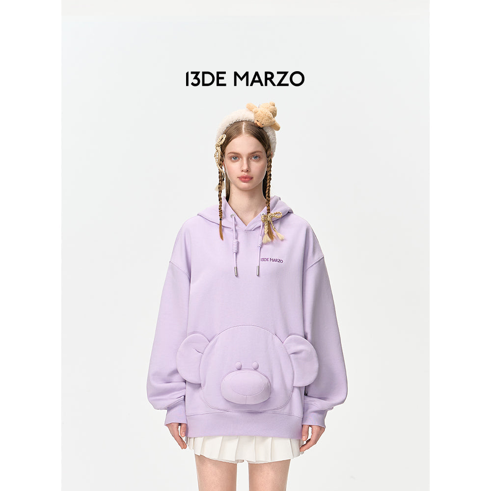 13DE MARZO Bear Embossment Pocket Hoodie Purple