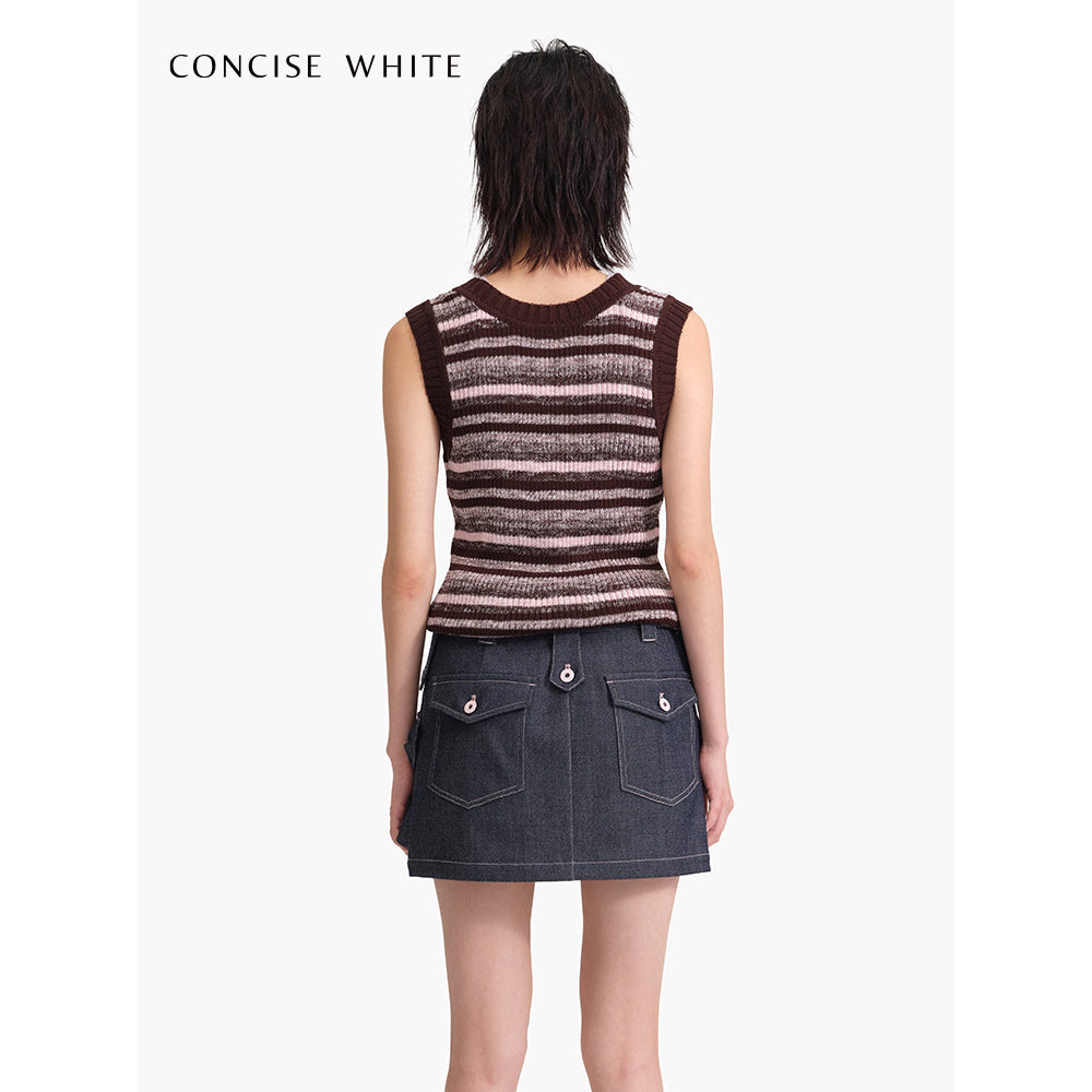 Concise-White Color Striped Knitted Vest Top