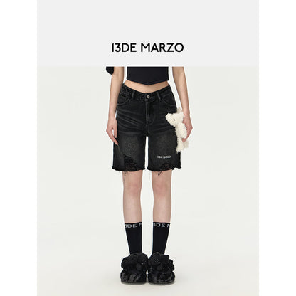 13DE MARZO V-shape Denim Bike Shorts Black