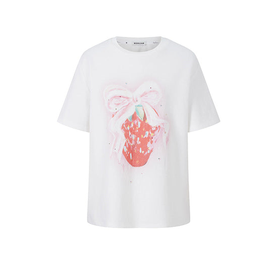 Herlian Strawberry Bow Printed Studded T-Shirt White