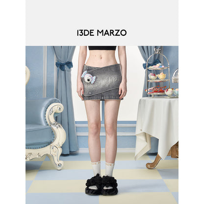 13DE MARZO X PEKO Fujiya Sweets Bear Denim Skirt Gray